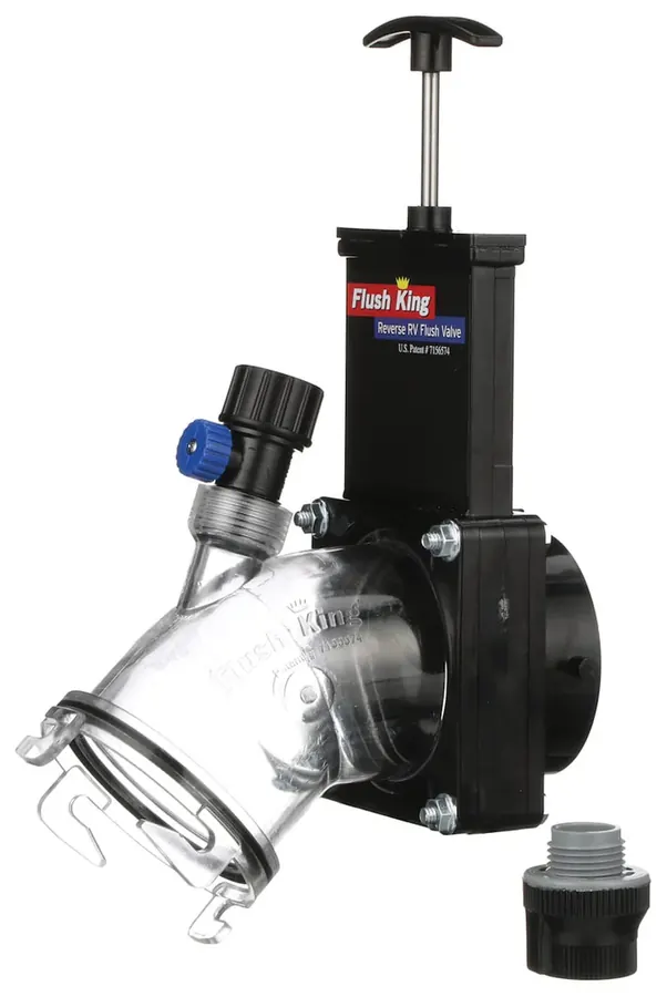 Flush King reverse RV flush valve, showing the clear elbow section, the pull-handle gate valve, and the garden hose inlet