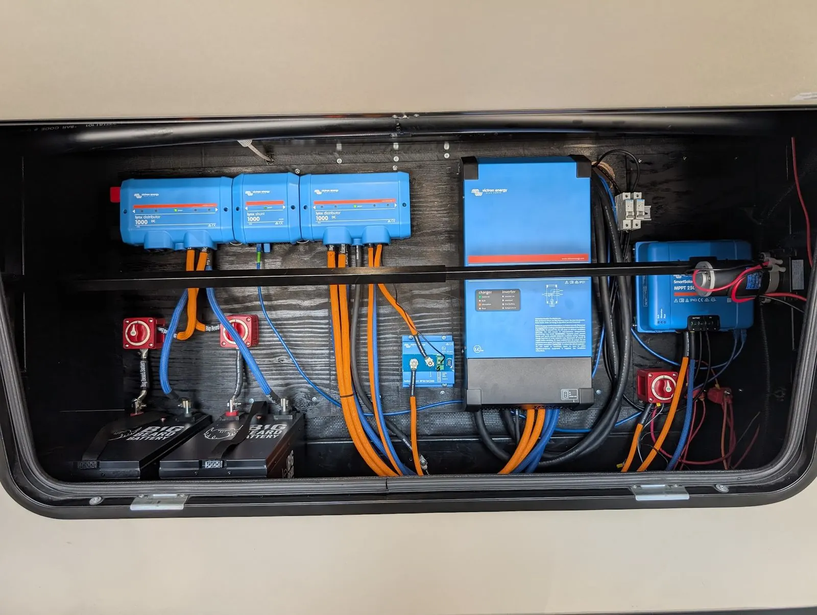 Bay-mounted Victron power system with an inverter, MPPT charge controller, lithium batteries, and heavy DC cabling